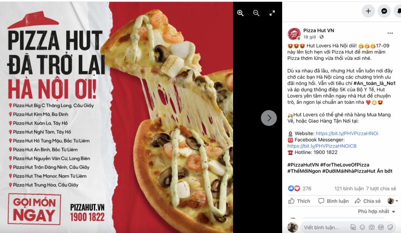 Các fan của Pizza Hut ở Hà Nội từ ngày 17/9 đã có thể ghé mua mang về hoặc đặt món qua các app