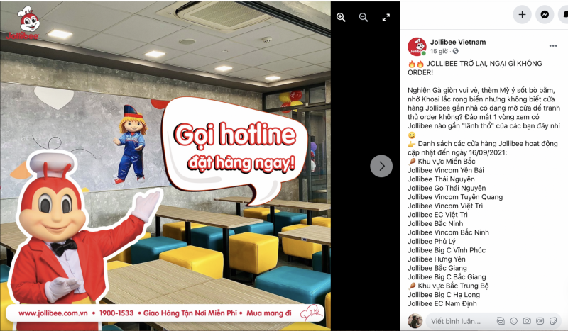 Jollibee mở lại hầu hết các cửa hàng tại nhiều tỉnh thành có nguy cơ dịch thấp trên khắp 3 miền. Tuy nhiên ở Sài Gòn vẫn chưa được hoạt động (kể cả giao hàng)