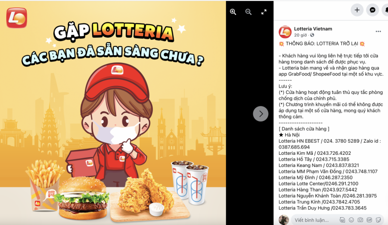 Lotteria mở lại nhiều cửa hàng ở Hà Nội và một số tỉnh trải dài khắp 3 miền. Trong khi đó, các chi nhánh tại TP.HCM vẫn khá im lìm