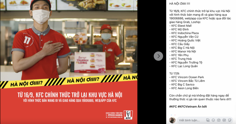 Từ ngày 16/9, KFC thông báo chính thức trở lại nhưng là ở một số khu vực nhất định tại Hà Nội