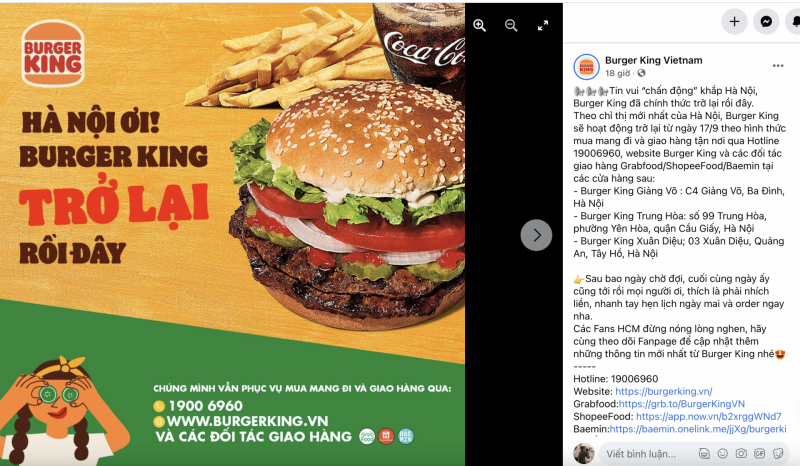 Burger King sẽ hoạt động trở lại từ ngày 17/9 theo hình thức mua mang đi và giao hàng tận nơi qua hotline, website