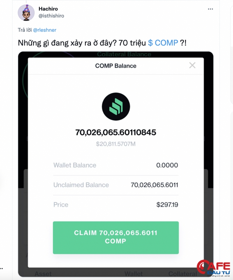 Một người khác tuyên bố rằng họ đã nhận được 70 triệu mã thông báo COMP vào tài khoản của mình