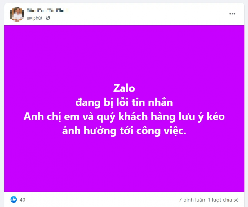 Trên mạng xã hội Facebook, nhiều người dùng đã đăng bài thông báo việc ứng dụng nhắn tin Zalo bị lỗi (Ảnh: Doanh nghiệp Niêm yết)