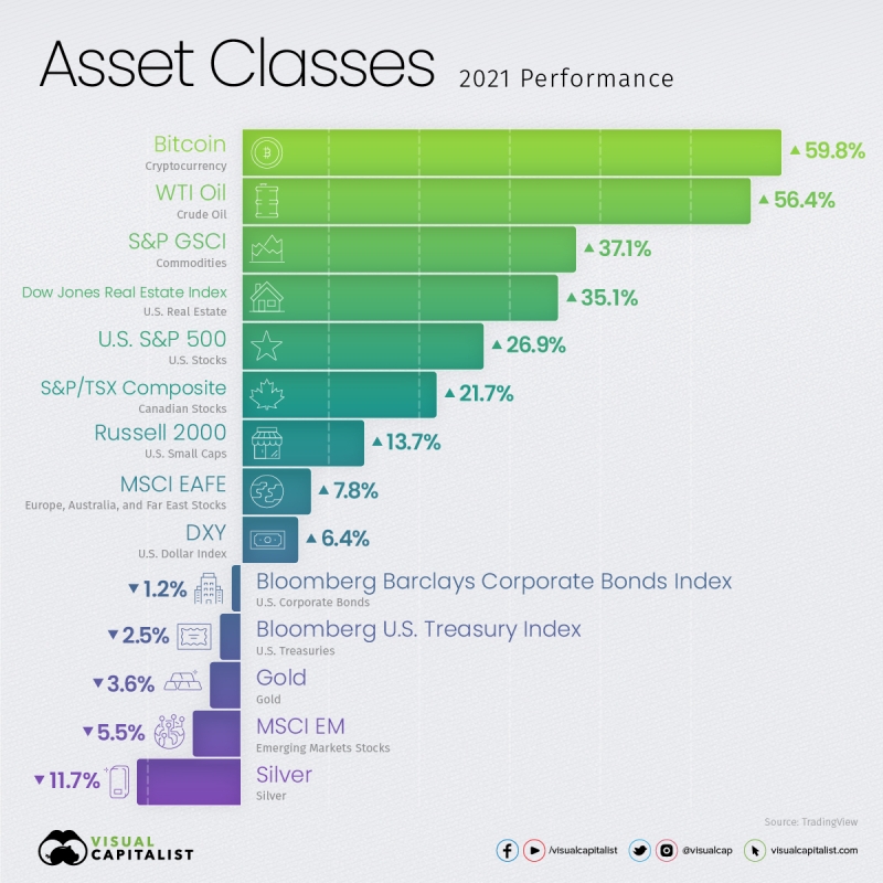 Tăng trưởng của các loại tài sản năm 2021. Nguồn: Tradingview/Visual Capitalist